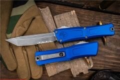 Microtech Combat Troodon Gen III OTF Otomatik Bıçak mavi 4'' M390 Tanto Tırtıklı Apocalyptic Taşlanmış 1144-11APNA